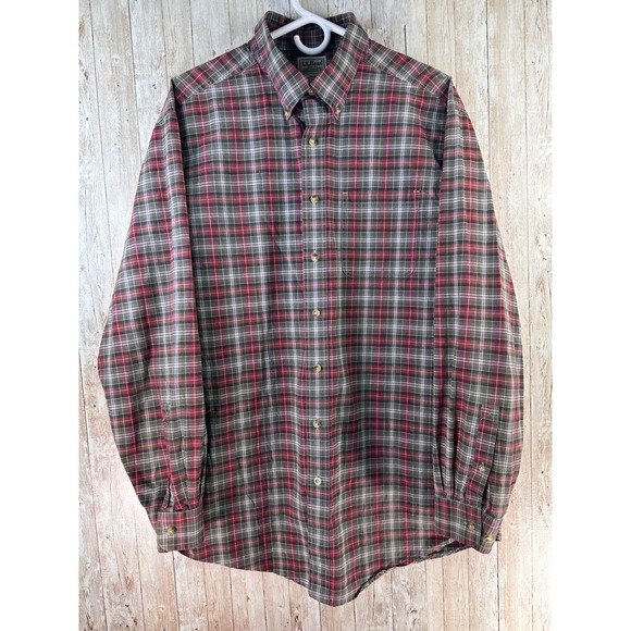 LL Bean Men's Button Down‎ Shirt Large Tall Red Green Black Plaid Long Sleeve - Picture 1 of 8
